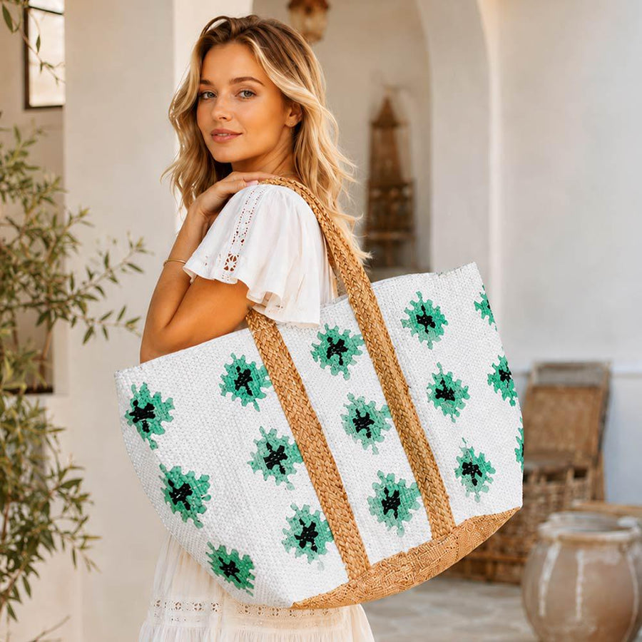Oversized Boho Woven Geometric Pattern Carryall Tote | Large Bohemian Everyday Handbag | Beach Shoulder bag