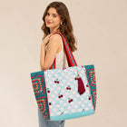 Beaded Sequin Cherry Embroidered Canvas Tote Bag | Pearl Tassel Granny Square Large Shoulder Bag