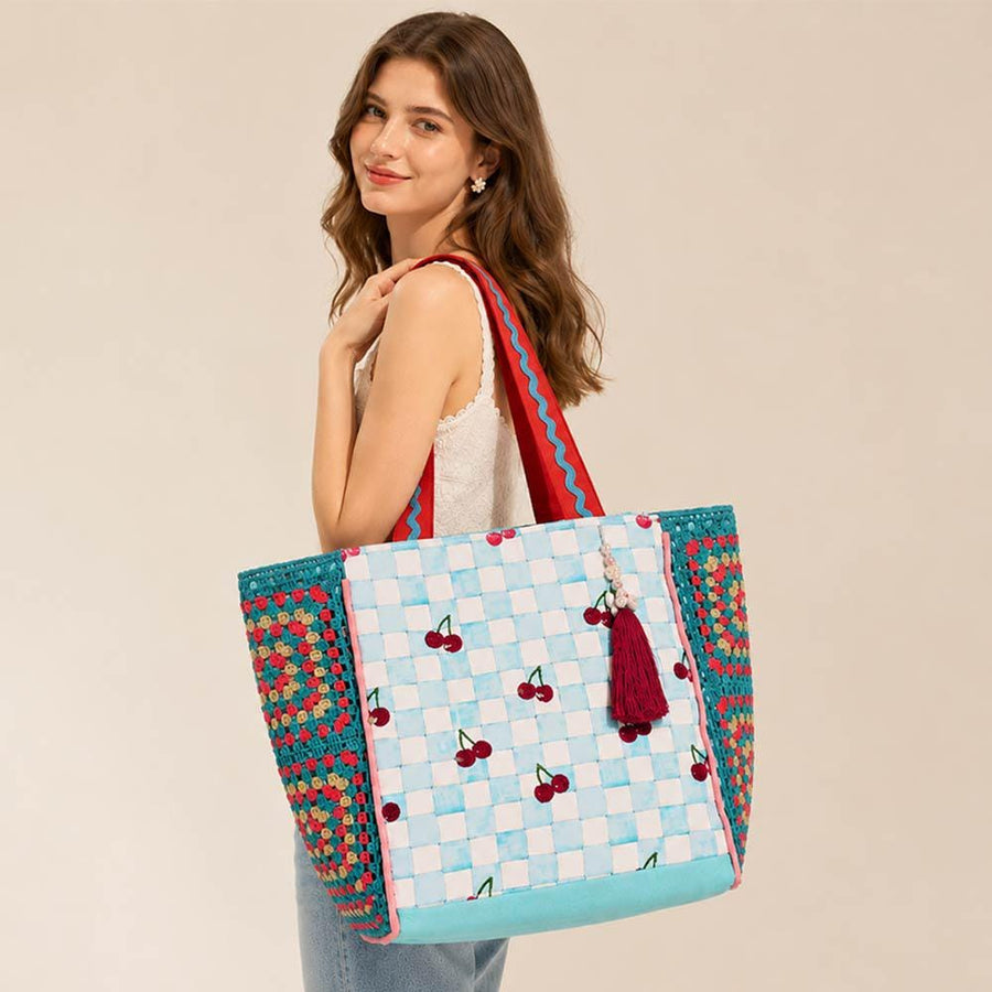 Beaded Sequin Cherry Embroidered Canvas Tote Bag | Pearl Tassel Granny Square Large Shoulder Bag
