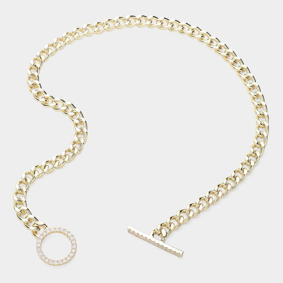 14K Gold Plated CZ Paved Toggle Necklace, Dainty Chain Jewelry, Minimalist Layering Necklace