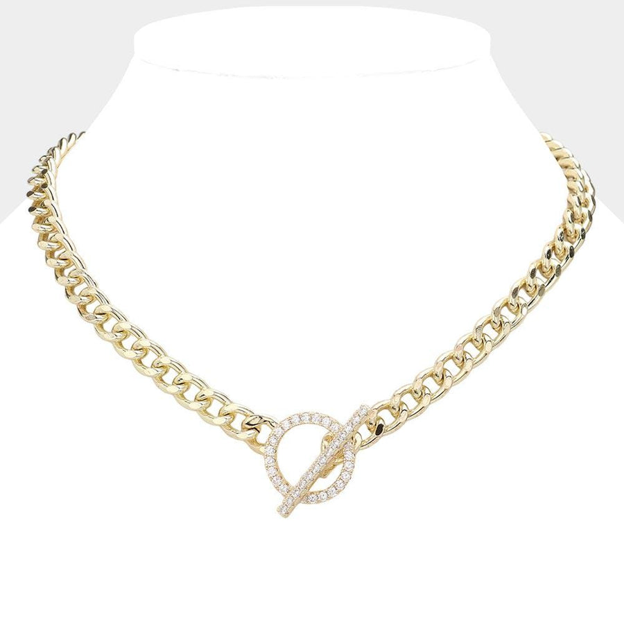 14K Gold Plated CZ Paved Toggle Necklace, Dainty Chain Jewelry, Minimalist Layering Necklace