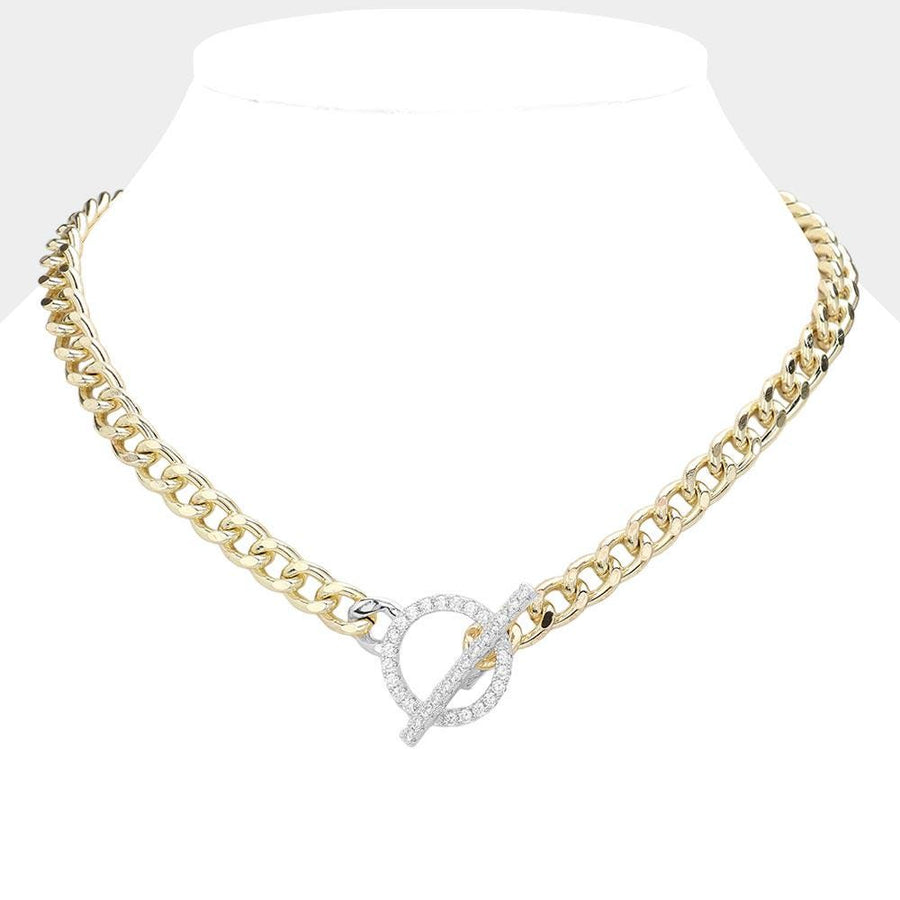 14K Gold Plated CZ Paved Toggle Necklace, Dainty Chain Jewelry, Minimalist Layering Necklace