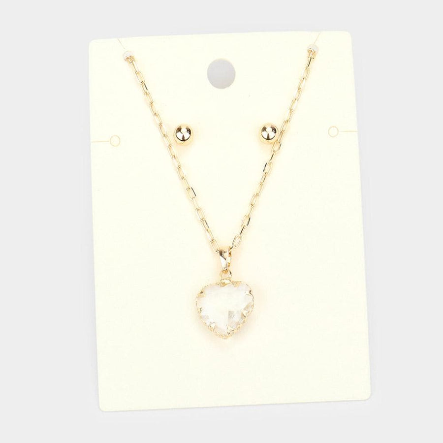 Heart Pendant Necklace and Round Stud Earrings Set | Dainty Minimalist Everyday Jewelry