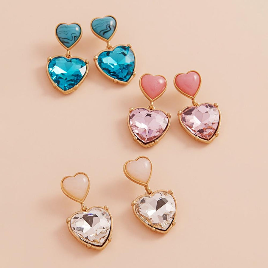 Epoxy Heart Glass Stone Dangle Earrings, Marbled Detail, Romantic Statement Jewelry