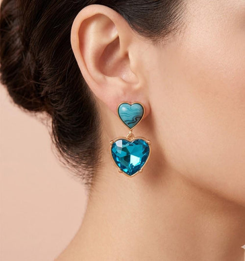 Epoxy Heart Glass Stone Dangle Earrings, Marbled Detail, Romantic Statement Jewelry