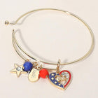 Enamel American USA Flag Heart Star Charm Bangle Bracelet | Patriotic Red White Blue Jewelry
