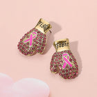 Pink Ribbon Boxing Glove Earrings | Stone Paved Fight Message Breast Cancer Awareness Jewelry