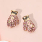 Pink Ribbon Boxing Glove Earrings | Stone Paved Fight Message Breast Cancer Awareness Jewelry