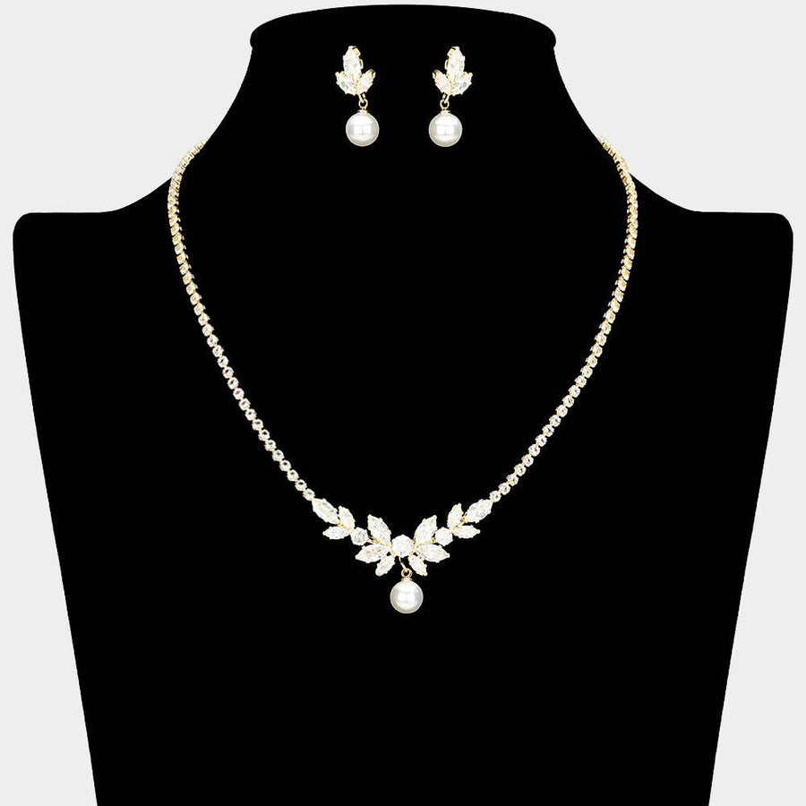 Pearl Marquise CZ Cluster Necklace | Paved Statement Bridal Jewelry Set