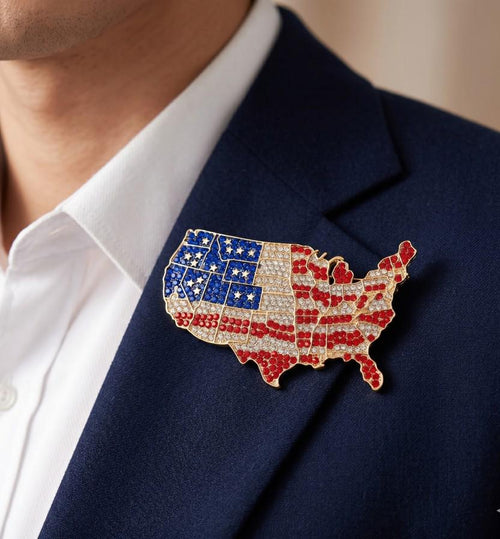 Rhinestone Pave American USA Flag Map Pin Brooch | Patriotic Sparkly Lapel Pin Accessory