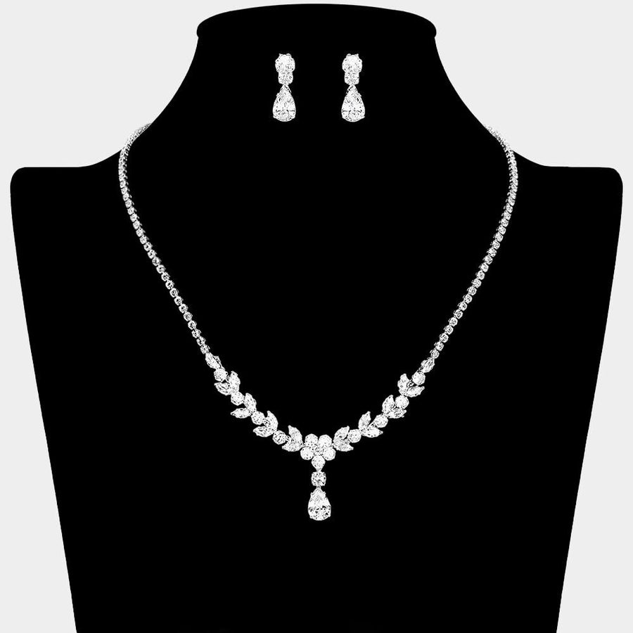 Teardrop CZ Floral Necklace | Bridal Crystal Statement Jewelry Set