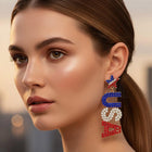 Rhinestone Studded Patriotic USA Letter Drop Earrings | Sparkly Statement Jewelry | Dangle Earrings