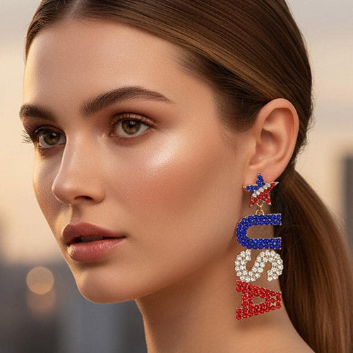 Rhinestone Studded Patriotic USA Letter Drop Earrings | Sparkly Statement Jewelry | Dangle Earrings