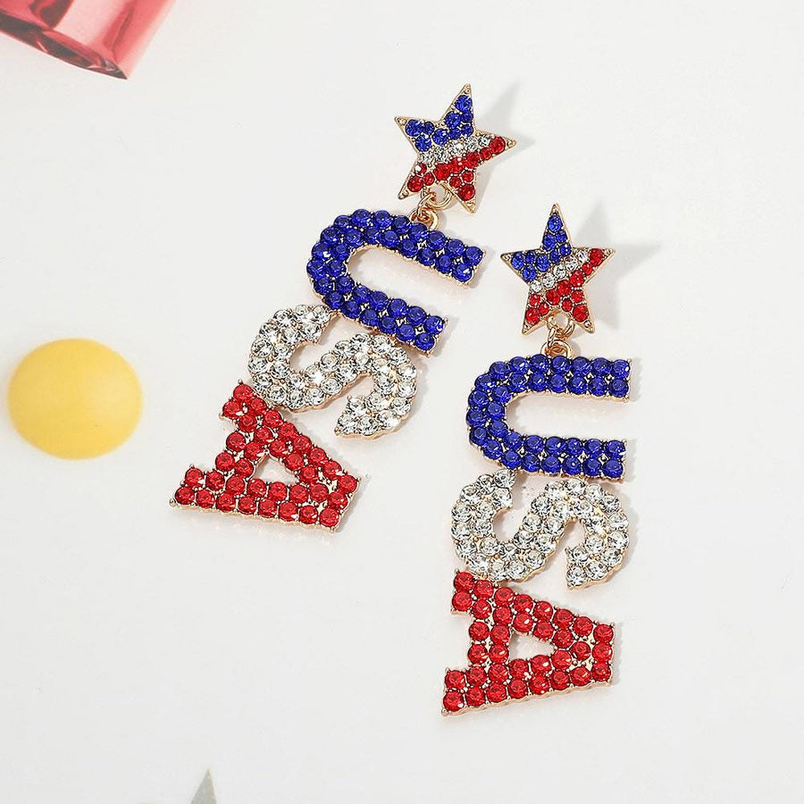 Rhinestone Studded Patriotic USA Letter Drop Earrings | Sparkly Statement Jewelry | Dangle Earrings