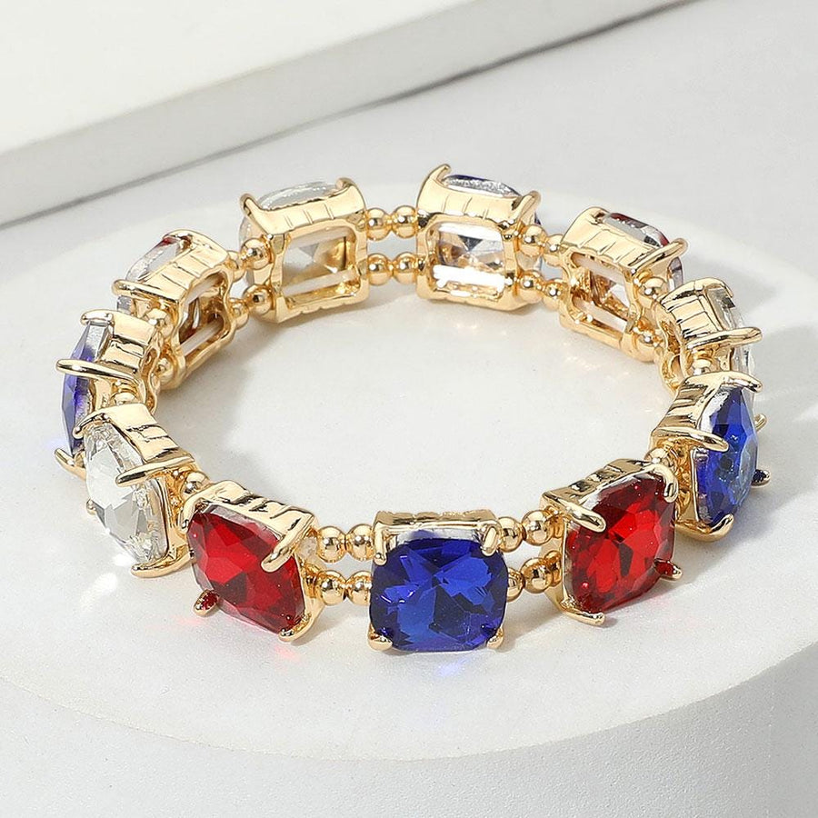 Cushion Cut Crystal Stretch Bracelet | Handmade Glass Bead Jewelry | Beaded Stacking Bracelet