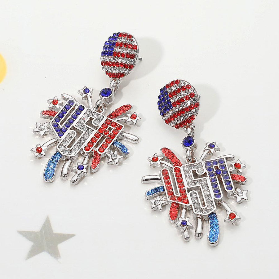 USA Flag Firework Dangle Earrings | Stone Paved Enamel Patriotic Statement Jewelry
