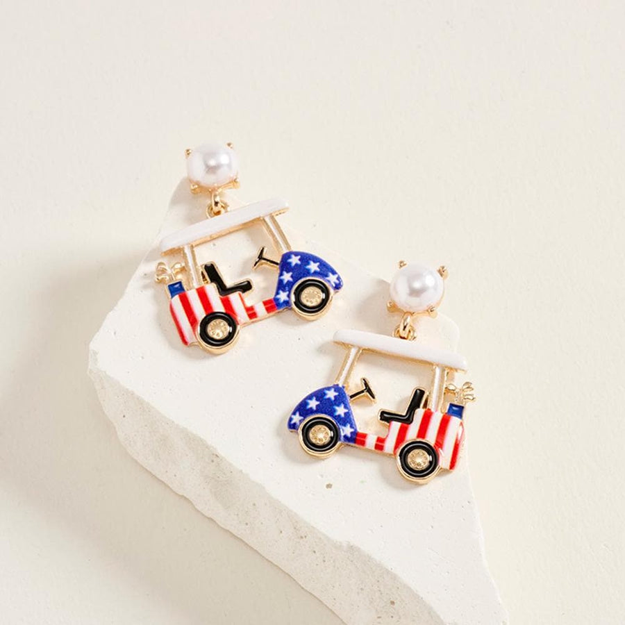 Golf Cart Drop Earrings | Patriotic USA Flag Design, Sports Lover Jewelry