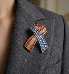Sparkly USA Flag Bow Brooch | Patriotic Rhinestone Lapel Pin, Red White Blue Accessory