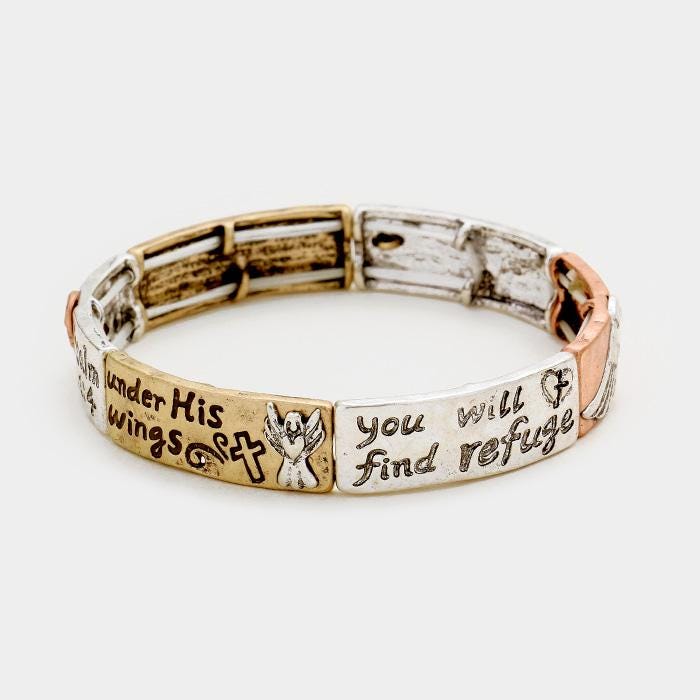 Psalm 91:4 Hammered Metal Stretch Scripture Bracelet | Christian Faith Jewelry