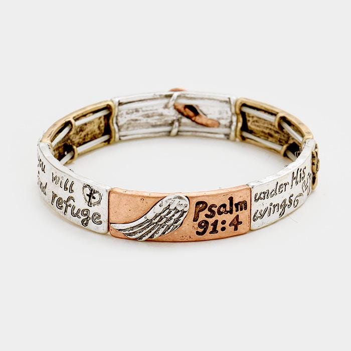Psalm 91:4 Hammered Metal Stretch Scripture Bracelet | Christian Faith Jewelry