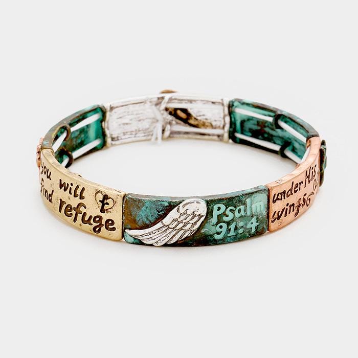 Psalm 91:4 Hammered Metal Stretch Scripture Bracelet | Christian Faith Jewelry