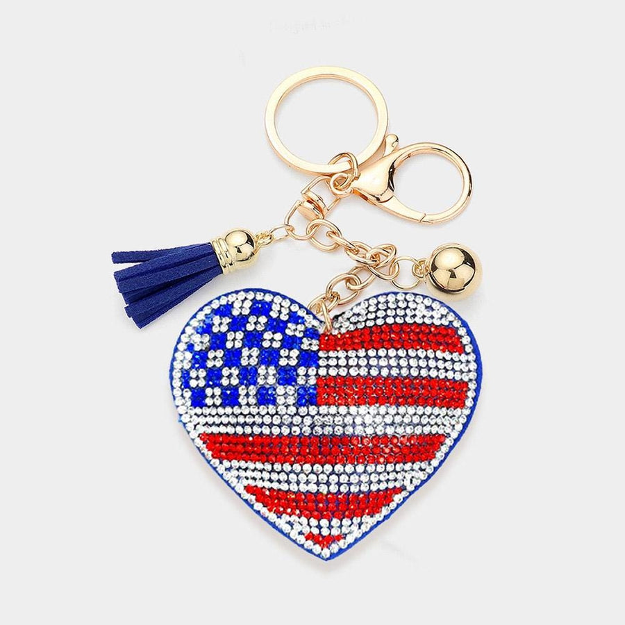 Bling USA Flag Tassel Keychain | Sparkly Patriotic Purse Accessory, Red White Blue Bag Charm