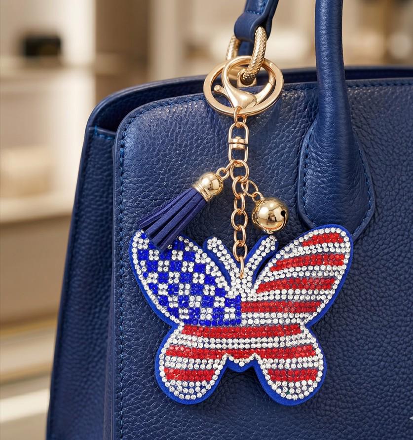Bling USA Flag Tassel Keychain | Sparkly Patriotic Purse Accessory, Red White Blue Bag Charm
