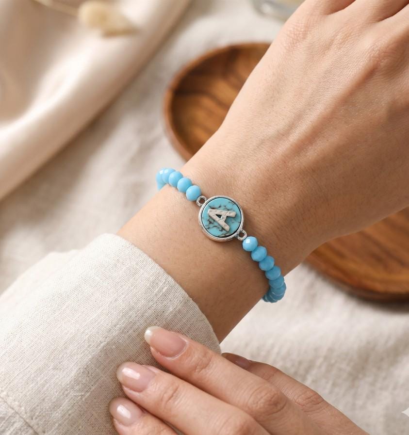Initial Monogram Turquoise Beaded Bracelet | Faceted Stretch Boho Charm Bracelet