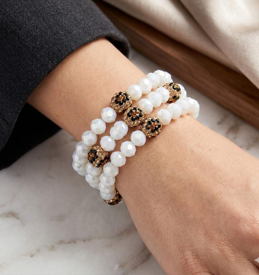 Leopard Pattern Shamballa Bead Bracelet | Faceted Stretch Bracelet | Trendy Boho Bracelets