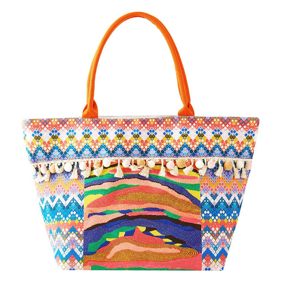Boho Fruit Print Fringe Tote Bag | Bohemian Beach Handbag | Vacation Shoulder bag