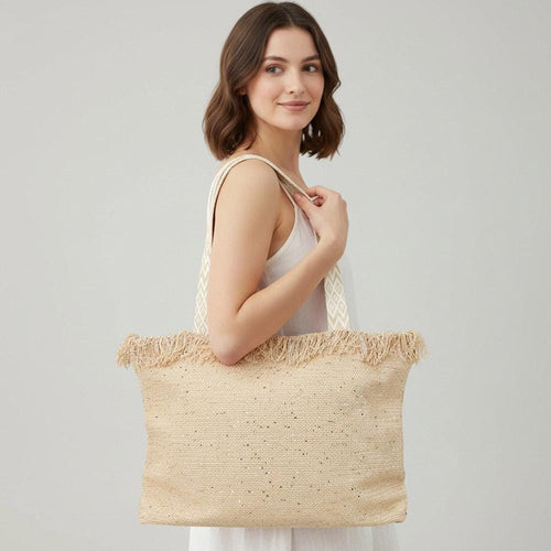 Sequin Embellished Woven Tote Bag | Large Frayed Shoulder Beach Bag | Boho Summer Handbag