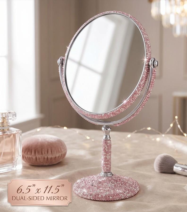 Bling Studded Double Sided Rotating Stand Vanity Mirror | Bridal Makeup Mirror | Elegant Tabletop Decor