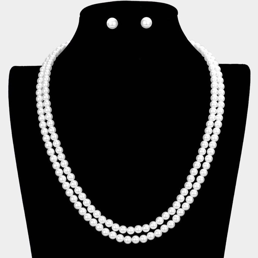 Double Layered Pearl Necklace and Earrings set | Elegant Two Strand Pearl Jewelry