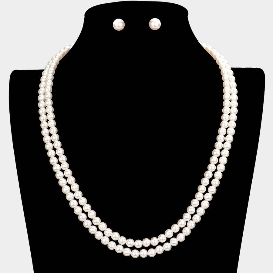 Double Layered Pearl Necklace and Earrings set | Elegant Two Strand Pearl Jewelry