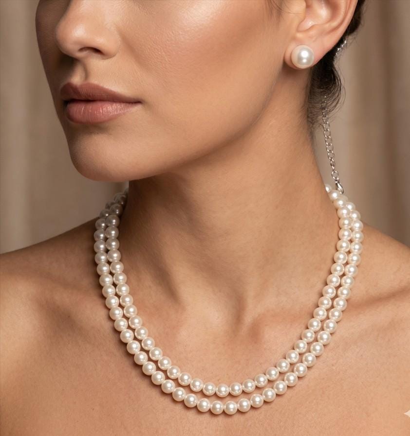 Double Layered Pearl Necklace and Earrings set | Elegant Two Strand Pearl Jewelry