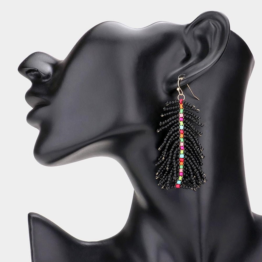 Seed Beaded Feather Dangle Earrings | Colorful Boho Statement Jewelry
