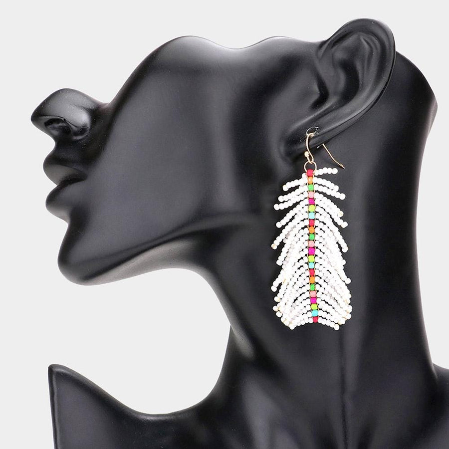 Seed Beaded Feather Dangle Earrings | Colorful Boho Statement Jewelry