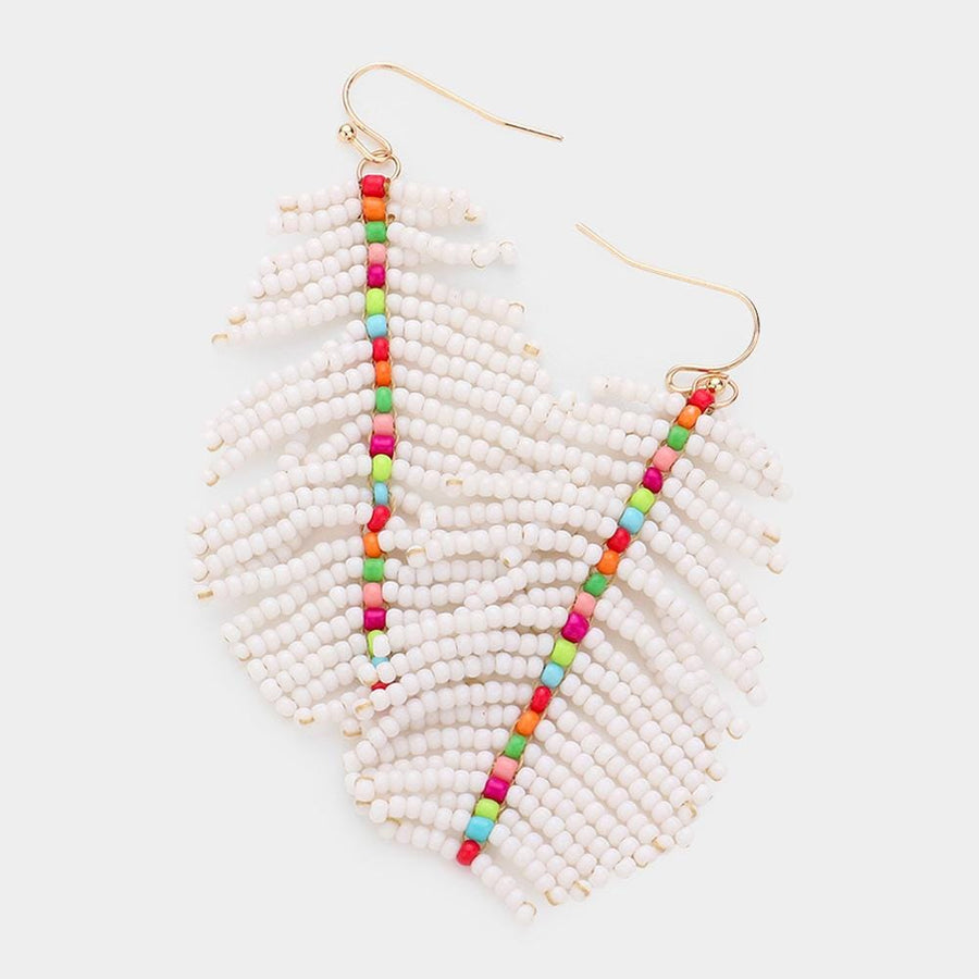 Seed Beaded Feather Dangle Earrings | Colorful Boho Statement Jewelry