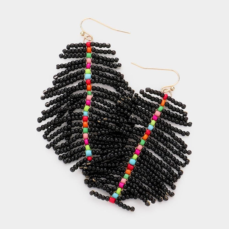 Seed Beaded Feather Dangle Earrings | Colorful Boho Statement Jewelry