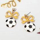 Bow Soccer Ball Drop Earrings | Sports Fan Dangle Jewelry | Game Day Statement Accessory