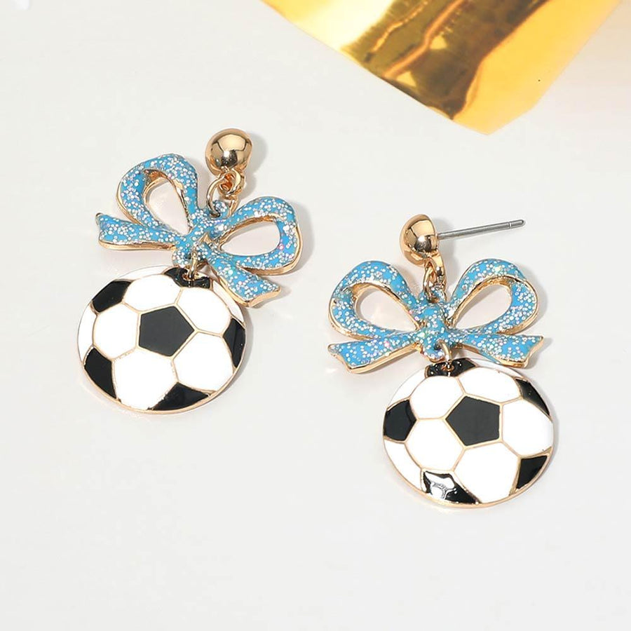 Bow Soccer Ball Drop Earrings | Sports Fan Dangle Jewelry | Game Day Statement Accessory