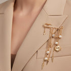 Celestial Evil Eye Pearl Drop Chain Tassel Safety Pin Brooch | Boho Statement Lapel Pin