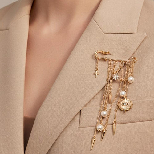 Celestial Evil Eye Pearl Drop Chain Tassel Safety Pin Brooch | Boho Statement Lapel Pin
