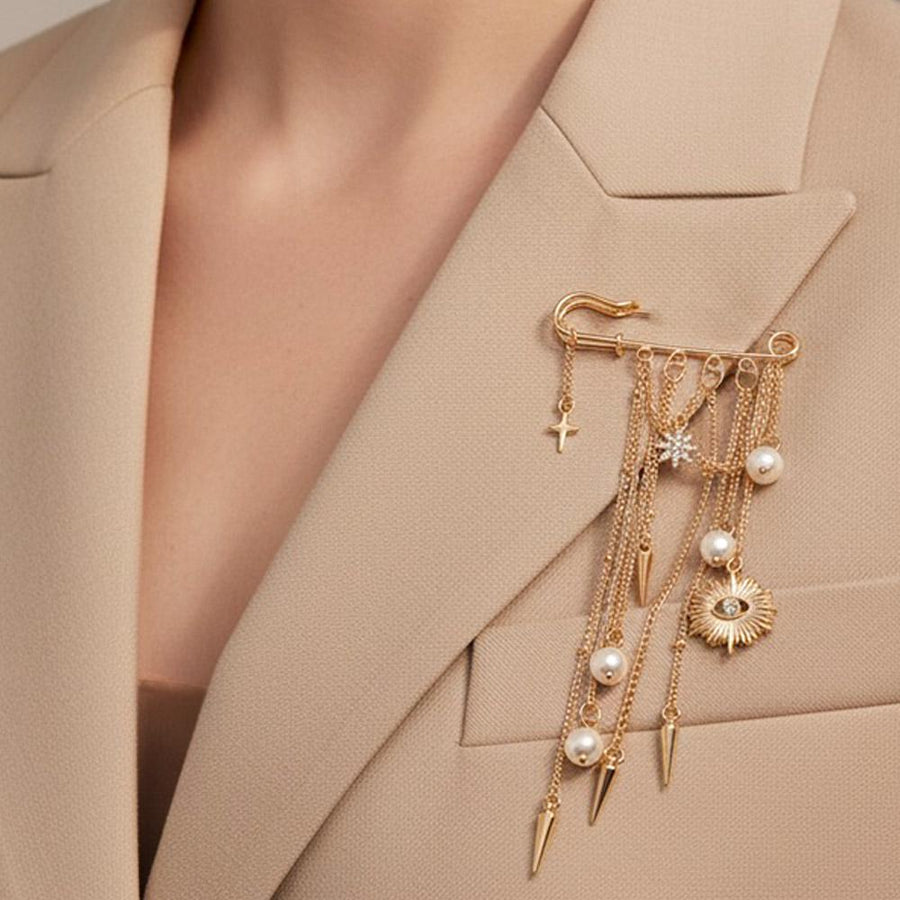 Celestial Evil Eye Pearl Drop Chain Tassel Safety Pin Brooch | Boho Statement Lapel Pin