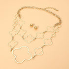 Metal Open Quatrefoil Link Layered Oversized Statement Necklace and Earrings Set | Chunky Layered Chain