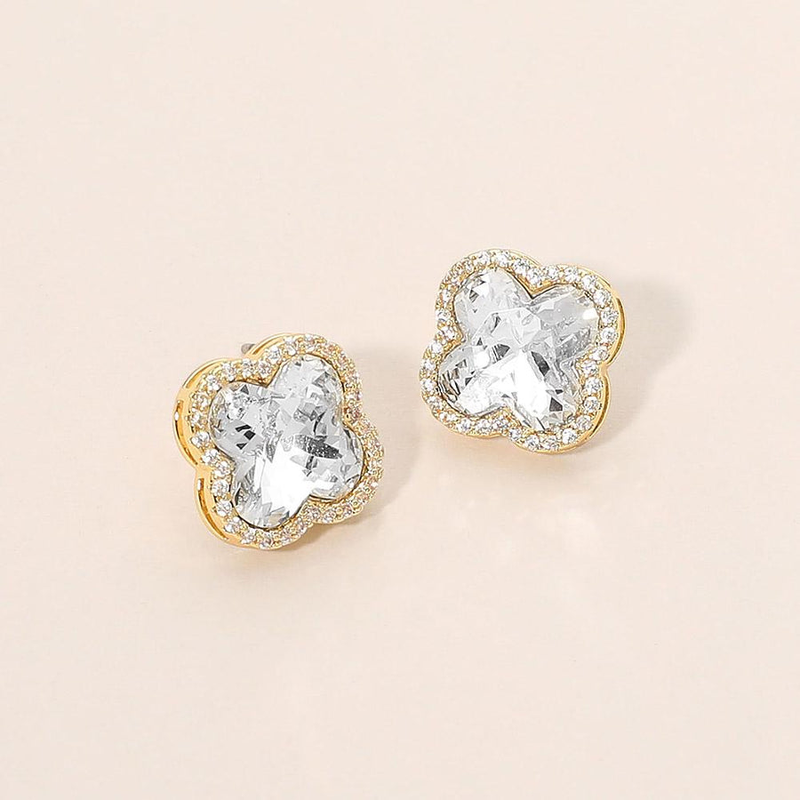 CZ Quatrefoil Stud Earrings | Dainty Crystal Minimalist Clover Earrings for Women | Everyday Fashion Jewelry