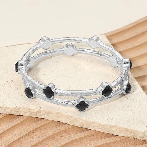 2PCS Quatrefoil Stone Accent Hammered Metal Multi Layered Bangle Bracelets | Stackable Statement Jewelry Set