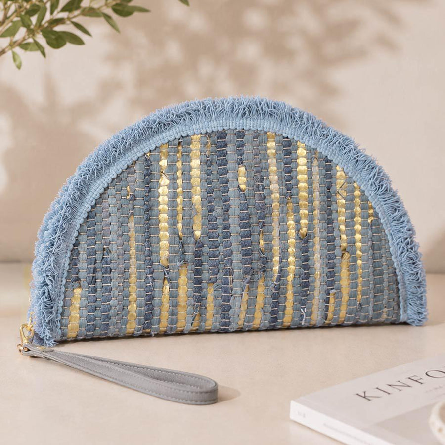 Boho Fringe Textured Half Moon Clutch Bag | Woven Bohemian Wristlet Purse | Chic Evening Purse