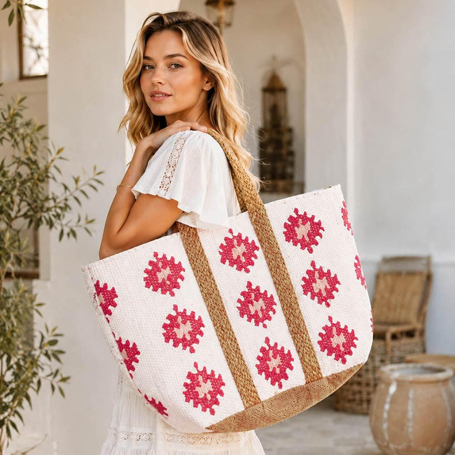 Oversized Boho Woven Geometric Pattern Carryall Tote | Large Bohemian Everyday Handbag | Beach Shoulder bag