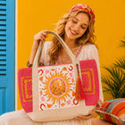 Boho Sunburst Sequin Beaded Tassel Accent Granny Square Large Tote | Trendy Bohemian Shoulder bag